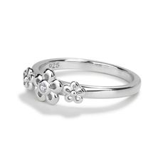 Sterling Silver baby ring featuring three daisies with clear CZ stones and April Birthstone Ring. This makes a special keepsake baby gift or wonderful birthday gifts for babies, toddlers, kids, and children. Ring comes in a beautiful black velvet heart-shaped box. Available in sizes 1-4 Ring Sizing: https://cherishedmomentsshop.com/pages/sizing-charts Personalized Silver Flower Ring For Anniversary, Diamond Flower Ring With Birthstone As A Gift, Silver Rings For Mother's Day Birthday Gift, Elegant Silver Ring For Birthday Gift, April Birthstone Ring, Baby Ring, Keepsake Baby Gifts, Baby Rings, Velvet Heart