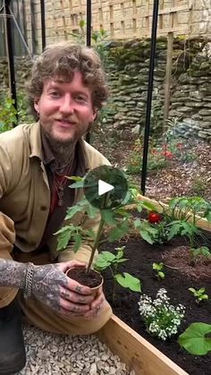 a man kneeling down next to a plant in a garden filled with dirt and rocks