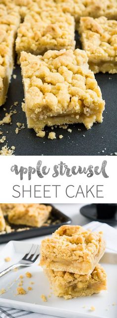 apple streuse sheet cake is cut into squares and stacked on top of each other