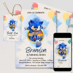 an image of a birthday party with sonic the hedgehog on it and a cell phone