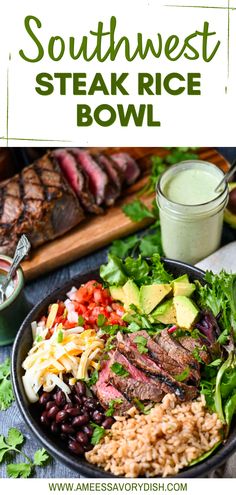 steak and rice bowl with avocado garnish on the side is shown