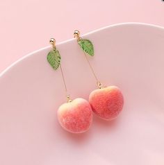 Peach Fruit Sweet Orange Pink Leaf Green Leaves Realistic Food Earrings - Froppin Fuzzy Earrings, Peach Earrings, Kawaii Earrings, Cherry Earrings, Food Earrings, Fruit Earrings, Pink Leaves, Long Drop Earrings, Latest Jewellery