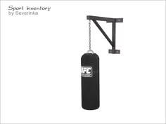 a black punching bag hanging from a metal hook on a white background with the words sport inventory by sevenika