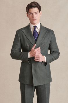 Our classic linen double-breasted jacket returns in a deep green colour with a soft deconstructed cut.  Pair it with matching trousers for a crisp summer suit.    100% linen  Double-breasted  Deconstructed cut  Fully lined  Double vents  Two lower patch pockets, welt breast pocket  Dry clean only Best Colour Suits For Men, Green Double Breasted Suit, Double Breasted Blazer Men, Double Breasted Suit Men, Summer Suits Men, Flannel Trousers, Cotton Dressing Gown, Silk Dressing Gown, Classic Menswear