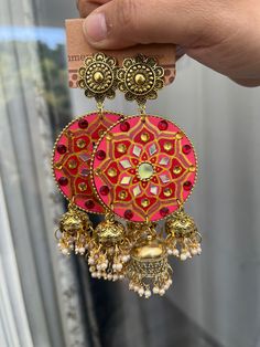 Hand-painted Mandala Earrings perfect for Indian festivals like Navratri, Weddings, haldi function DM to order or customise Please check Instgram for more design and details Unique Hand Painted Jewelry For Festivals, Red Hand Painted Jewelry For Festivals, Gold Hand Painted Earrings For Festivals, Traditional Hand Painted Festival Necklaces, Festive Navratri Brass Jewelry