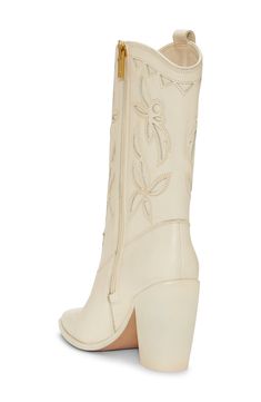 Classic embroidery, a notched topline and square toe give Western-inspired style to this leather boot. 3 1/2" heel 9 3/4" shaft Side zip closure Leather upper/synthetic lining/rubber sole Imported Spring Rodeo Heeled Boots With Reinforced Heel, Spring Snip Toe Boots With Reinforced Heel, Leather Mid-calf Boots For Rodeo In Spring, Fitted Square Toe Heeled Boots For Rodeo, Western Style Mid-calf Boots With Square Toe For Spring, Fitted Cream Boots For Rodeo, Spring Stacked Heel Snip Toe Boots, Western Style Square Toe Mid-calf Boots For Spring, Leather Mid-calf Boots For Rodeo Spring Season