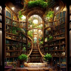 a room filled with lots of bookshelves covered in plants and greenery next to a wooden table