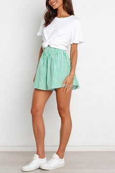 Stripe Elastic Waist A Line Shorts Green High-waisted Shorts For Day Out, Green Bottoms With Elastic Waistband For Summer, Striped Stretch Bottoms For Summer, Green Bottoms For Day Out With Short Inseam, Green Bottoms With Short Inseam For Day Out, Green Bottoms For Spring Day Out, Spring Green Bottoms For Day Out, Green Bottoms With Built-in Shorts For Spring, Green Bottoms With Built-in Shorts For Day Out