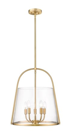 a brass chandelier with clear glass shades on the bottom and three lights hanging from it