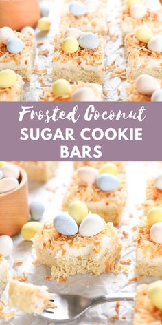 frosted coconut sugar cookie bars with marshmallows and eggs on top are shown