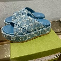 Brand New. Never Worn Gucci Light Blue Gg Denim Platform Sandals. Gucci Platform Sandals, Shoes Gucci, Gucci Shoes, Platform Sandals, Women's Shoes Sandals, Shoes Sandals, Light Blue, Gucci, Women Shoes