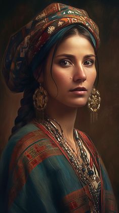 a painting of a woman wearing an ethnic headdress and earrings, looking into the distance