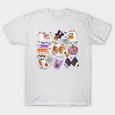 a white t - shirt with halloween decorations on it, including ghost and pumpkins