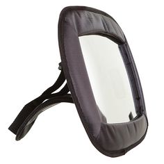 a close up of a small mirror on a white background with a black strap around it