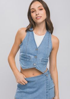 High Fashion Denim, Vest Denim, Denim Vests, Lucky Jeans, Wardrobe Color, Vest Crop Top, Playful Style, Cropped Vest, Colored Denim