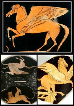 four different pictures of ancient greek vases with winged horses and birds on the side