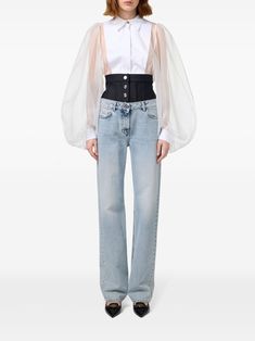 Find ELISABETTA FRANCHI Layered Straigh-leg Jeans on Editorialist. light blue cotton washed denim contrast stitching layered design high-waisted front button and zip fastening straight leg classic five pockets Organza Bodysuit, Pointed Flat Collar, Embroidered Organza, Flat Collar, Layered Design, Washed Denim, Ivory White, Balloon Sleeves, Logo Embroidery