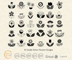 30 doodle retro flower designs - svg dxf eps and png