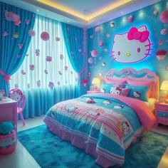 a bedroom decorated in hello kitty theme with blue curtains and pink bedspreads