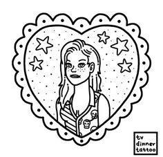 a heart shaped frame with a girl holding a book and stars on it, in black and white