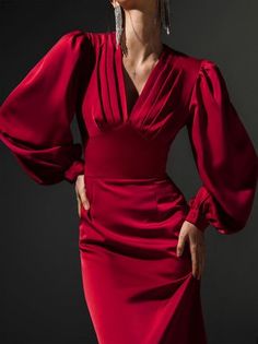 Vestido Pink, Red Evening Gown, Red Dress Sleeves, Evening Midi Dress, Long Dresses Elegant, Mermaid Evening Gown, Formal Dresses With Sleeves, Red Dress Women, Evening Gown Dresses