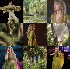 a collage of photos with blonde hair and green clothes in the woods, trees, flowers, and water