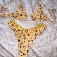 Cute Swimsuit Yellow Ditcy Floral Spaghetti Strap High Cut Lined Removable Padding Polyester 82% Polyester 18 Spandex High Stretch Underwire Swimwear With Straps For Beach Party, Underwire Swimwear With Straps For Summer, Summer Swimwear With Straps For Sunbathing, Printed Swimwear With Spaghetti Straps For Poolside, Summer Swimwear With Underwire Straps, Underwire Floral Print Swimwear For Sunbathing, Floral Print Underwire Swimwear For Sunbathing, Printed Spaghetti Strap Swimwear For Summer, Printed Summer Swimwear With Spaghetti Straps