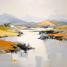 an abstract painting of mountains and water with orange, yellow and gray colors on it