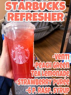 -venti
-peach green tea lemonade
-strawberry purée 
-6 pumps of raspberry syrup Fruity Starbucks Drinks, Fruity Starbucks, Refreshers Starbucks, Peach Green Tea Lemonade, Morning Starbucks, Lemonade Strawberry, Drink Starbucks