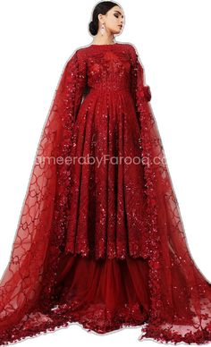 Pakistani Red Bridal Lehenga with Embroidery Red Gown With Resham Embroidery For Eid, Red Party Wear Dupatta With Intricate Embroidery, Red Party Dress With Intricate Embroidery, Red Gown For Wedding And Eid, Red Gown With Dabka Work For Reception, Red Embellished Dupatta, Red Embroidered Party Wear Dresses, Red Embellished Fitted Dupatta, Fitted Red Embellished Dupatta