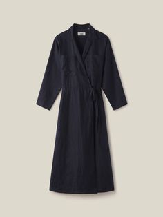 Dark Navy Crosshatch Linen Wrap Dress - Buck Mason Buck Mason, Linen Wrap Dress, Abbot Kinney, Popover Shirt, Dark Navy, A 4, Wrap Dress, Shirt Dress, Fall Winter