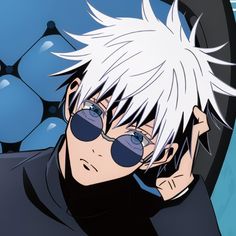 an anime character with white hair and sunglasses on his head, leaning against a blue background