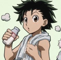 an anime character with black hair holding a bottle in his hand and looking at the camera