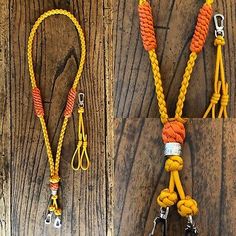 two yellow and orange leashs with metal hooks on wooden floor next to each other