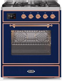 ILVE 30 Majestic II Dual Fuel Range with 5 Burners - 2.3 cu. ft. Oven - Copper Trim in Blue (UM30DNE3MBP) Ranges ILVE Ilve Range, Freestanding Range, Kitchen Centerpiece, Dish Warmer, Induction Range, Blue Chrome, Volt Ampere, Dual Fuel Ranges, Iron Grate