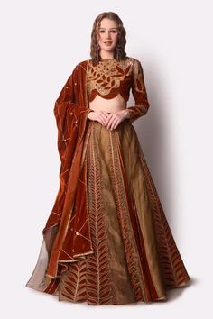 Shop for Shwetanga Brown Tissue Leaf Embroidered Lehenga Set for Women Online at Aza Fashions Rust Lehenga, Tissue Lehenga, Velvet Dupatta, Gold Lehenga, Patchwork Embroidery, Scallop Border, Embroidery Leaf, Patch Work Blouse, Kurta Dress