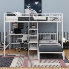 a white bunk bed sitting next to a desk