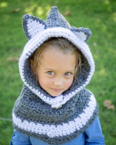 Fox Hooded Crocheted Cowl Child Size Fox Hooded Cowl crocheted with chunky yarn in grey and white. So warm and cute, will fit most children 3-8 years.  Size: 3-8 years CARE AND MAINTENANCE:  Wash cold on gentle cycle and lay flat to dry. Q: Why are your knit and crochet products less expensive than others?  A: This product is a result of the pattern I have created for my other etsy shop. I like to test all of my patterns myself first before it goes through the main pattern testing process. This means it is already made and ready to ship! It also means I only have this one and in this one size. But I get to sell to you for a less expensive price as other products that are made to order. Yay!  Please check back often as more test products are launched!  Thank you and God Bless! Jenny Messime Toddler Cowl, Velvet Acorn, Crochet Products, Hooded Cowl, Crochet Needles, Crochet Wrap, Thick Yarn, Crochet Cowl, Chunky Yarn