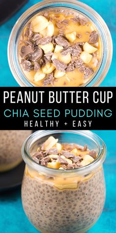 chia seed pudding in a glass jar with bananas and chocolate chips on the top