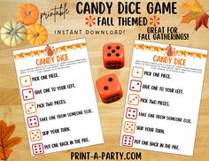 printable candy dice game with instructions for fall themed activities and games to play on the table