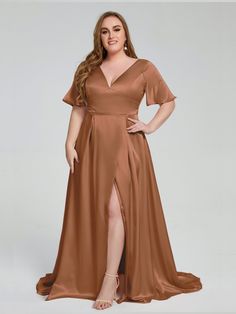 Terracotta Plus Size Fall Wedding Guest Dress, Satin Bridesmaid Dresses With Sleeves, Curvy Bridesmaid Dresses, Plus Size Bridesmaid Dresses, Silk Bridesmaid Dresses, Bridesmaid Satin, Big Size Dress, Bridesmaid Dresses With Sleeves, Full Maxi Skirt