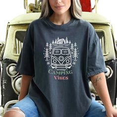 Camping Outdoor shirt, summer vacation shirt, Yosemite, Yellowstone, National Parks vacation shirt, family camping vacation shirt, nature lover, hippie bus Comfort Colors introduces the "Comfort Colors 1717" garment-dyed t-shirt; a fully customizable tee made 100% with ring-spun cotton. The soft-washed, garment-dyed fabric brings extra coziness to your wardrobe while the relaxed fit makes it an excellent daily choice. The double-needle stitching throughout the tee makes it highly durable while the lack of side-seams helps the shirt retain its tubular shape. Discover all 58 colors in our Comfort Colors 1717 color charts below. .: The Comfort Colors 1717 tee is made with medium fabric (6.1 oz/yd² (206.8 g/m consisting of high quality, 100% ring-spun US cotton for long-lasting comfort. .: The Outdoor Tshirt, Good Vibes Shirt, Camp Shirts, Hippie Bus, 80s Vibes, Outdoor Shirt, Retro Shirts, Vacation Shirts, Camping Shirt