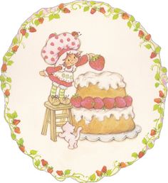 a drawing of a girl decorating a cake with strawberries