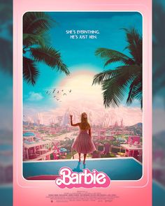 the poster for barbie's new movie, barbie is shown in front of palm trees