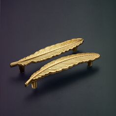 two gold plated objects on a black surface with no one in the photo looking at them