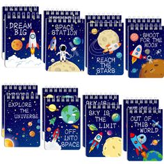 six spiral notebooks with space themed covers