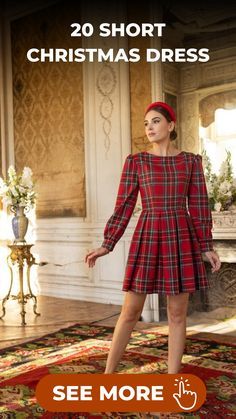 a woman in a red and black plaid dress standing on a rug with the words, 20 short christmas dress see more