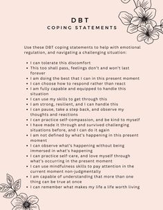 Use DBT coping statements to work through heightened emotions, and a challenging situation. These statements can affirm how to get through a challenging moment using other DBT-based skills. Coping Statements, Dbt Therapy, Dbt Skills, Dialectical Behavior Therapy, Mental Health Counseling, Mental Health Therapy, Emotional Awareness