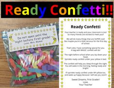 the ready confetti bag is full of colorful paper pieces and has a note attached to it