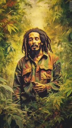 a painting of a man with dreadlocks standing in the middle of some plants